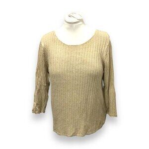 Sigrid Olsen Women’s 3/4 Sleeve Scoop Neck Ribbed Linen Knit Sweater Beige 1X